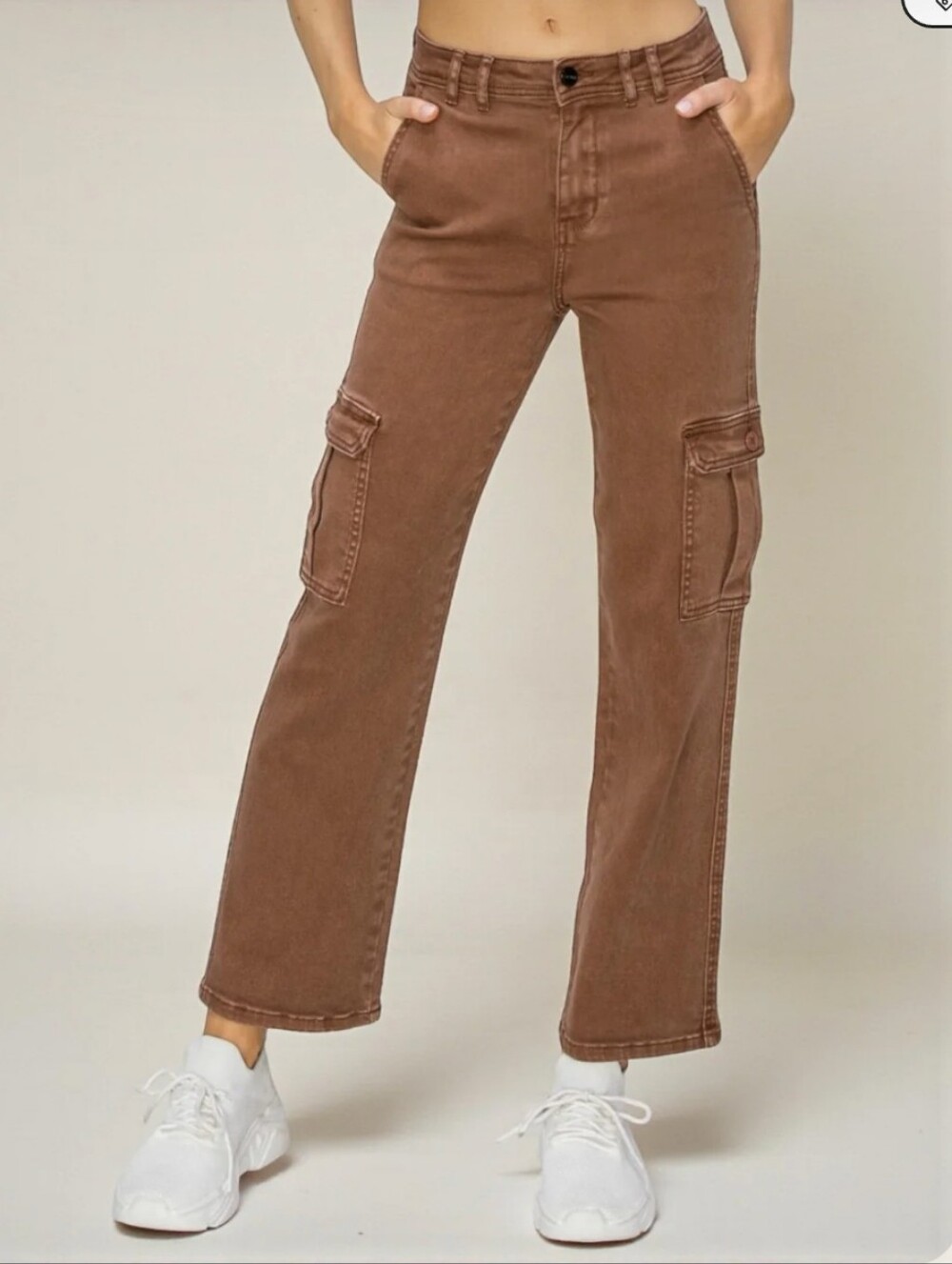 Risen Cocoa Utility Cargo Jeans High Rise Relaxed Fit Cargo Denim Y2K Street 26 - Picture 1 of 16